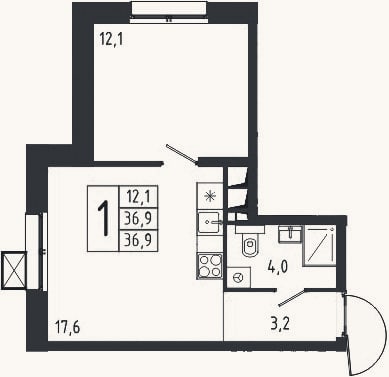Планировка: 1-к, 36,9 м²
