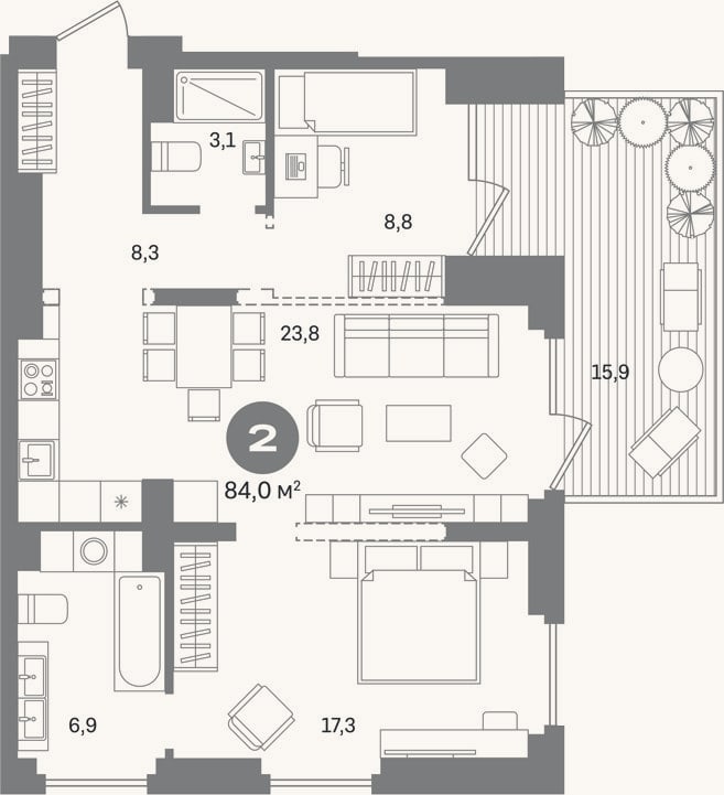 Планировка: 2-к, 68,1 м²