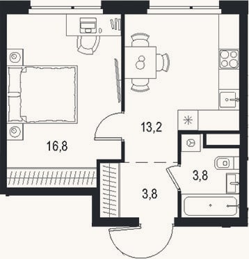 Планировка: 1-к, 37,6 м²