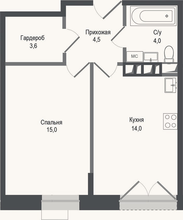 Планировка: 1-к, 41,1 м²