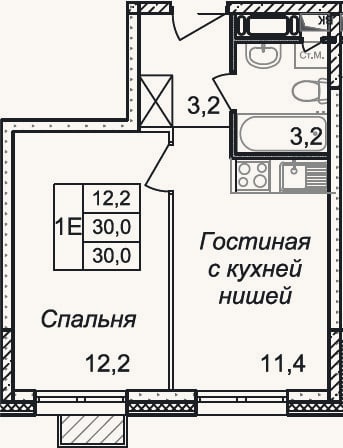 Планировка: 2-к, 30 м²