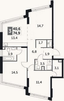 Планировка: 3-к, 74,9 м²