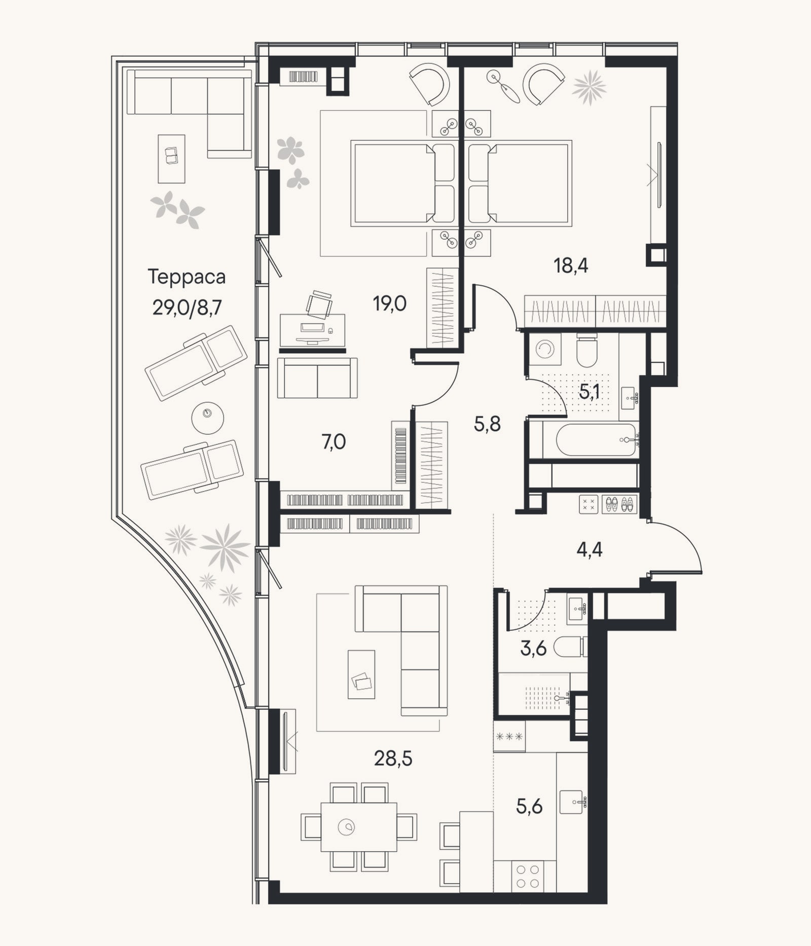 Планировка: 3-к, 97,4 м²