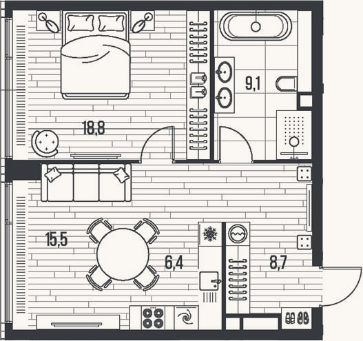 Планировка: 2-к, 58,5 м²