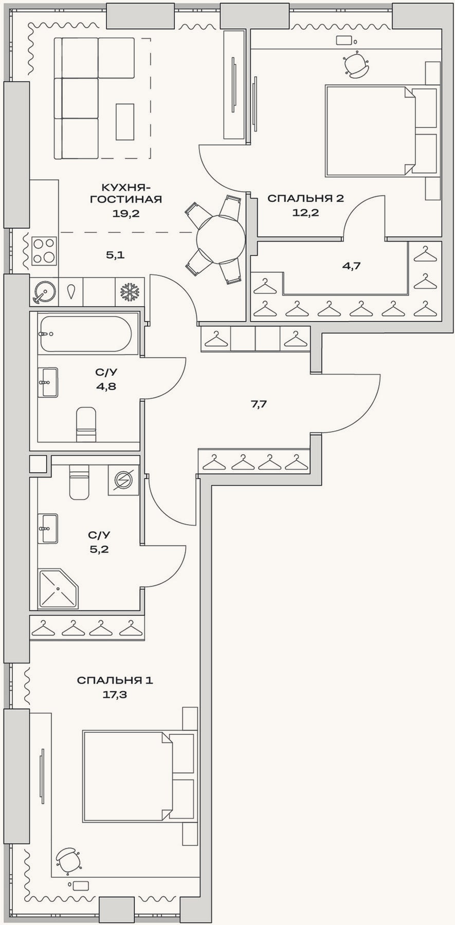 Планировка: 3-к, 71,2 м²