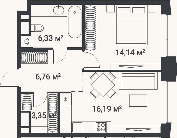 Планировка: 1-к, 46,8 м²