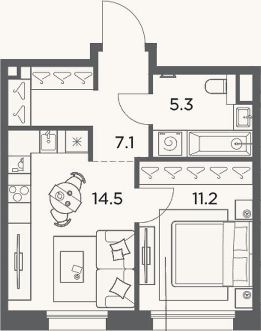 Планировка: 1-к, 38,1 м²