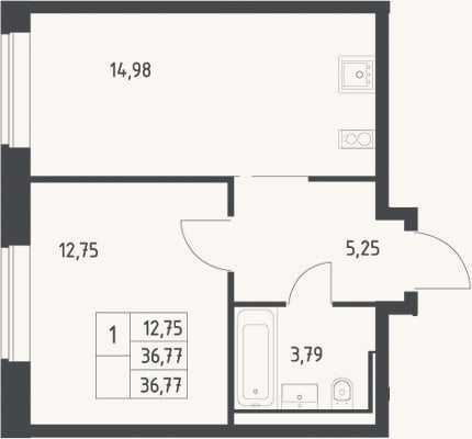 Планировка: 1-к, 36,8 м²
