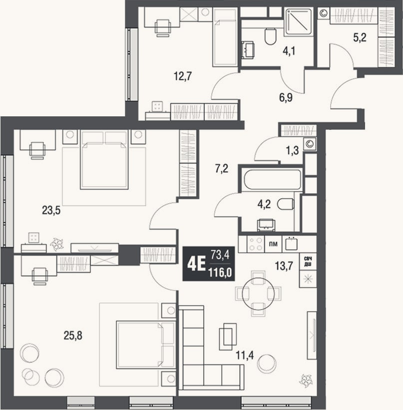 Планировка: 4+ к, 116 м²
