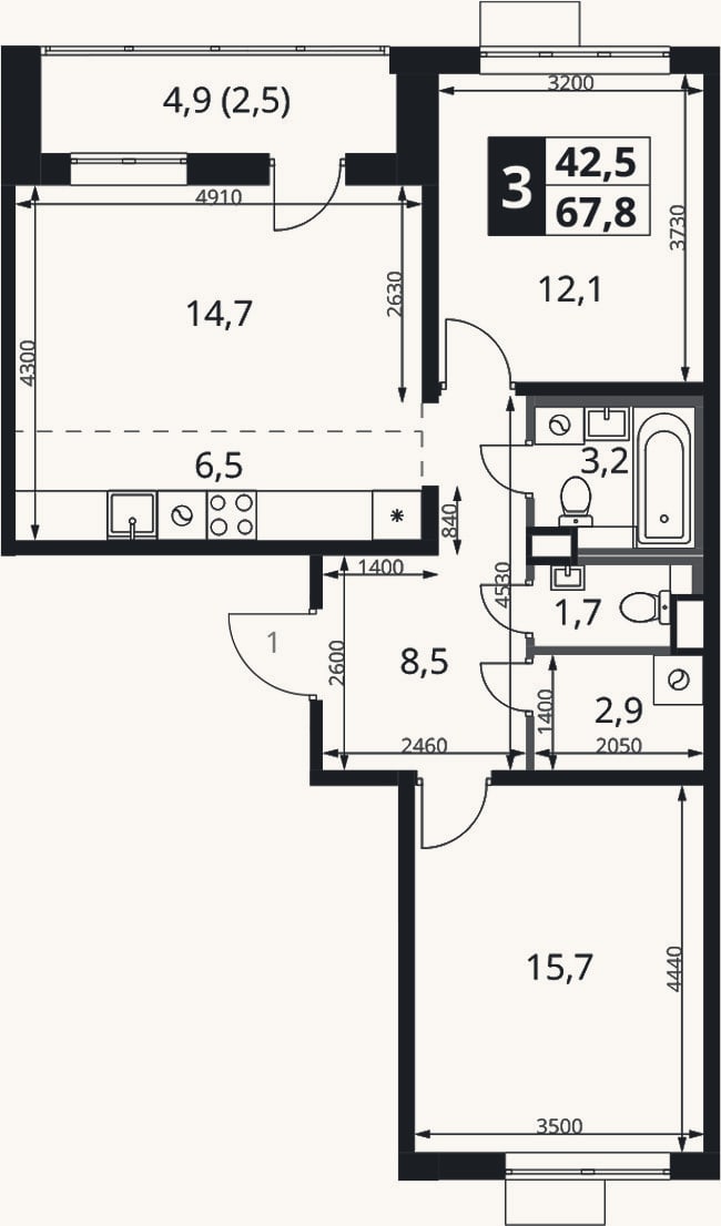 Планировка: 3-к, 65,3 м²