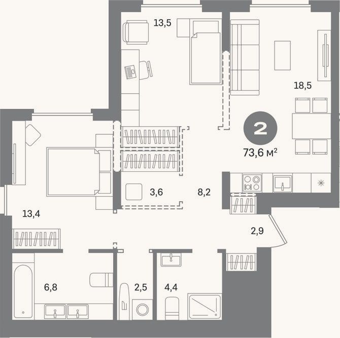 Планировка: 2-к, 73,6 м²