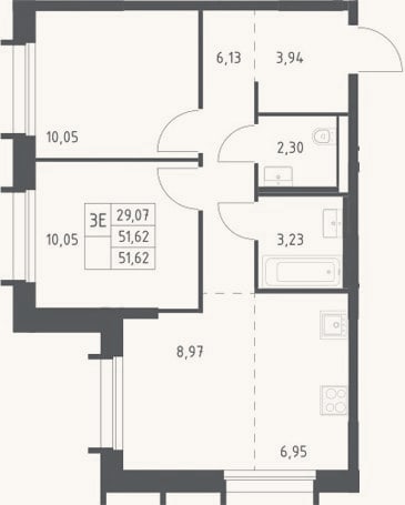Планировка: 3-к, 51,6 м²