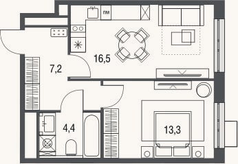 Планировка: 2-к, 41,4 м²