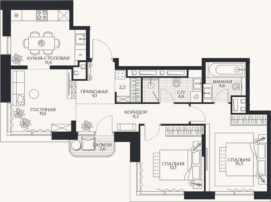 Планировка: 3-к, 74,3 м²
