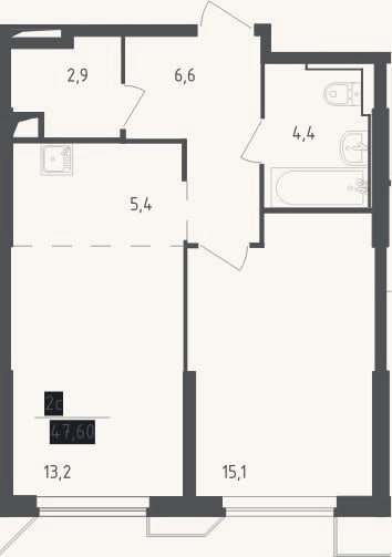 Планировка: 2-к, 47,6 м²