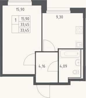 Планировка: 1-к, 33,5 м²