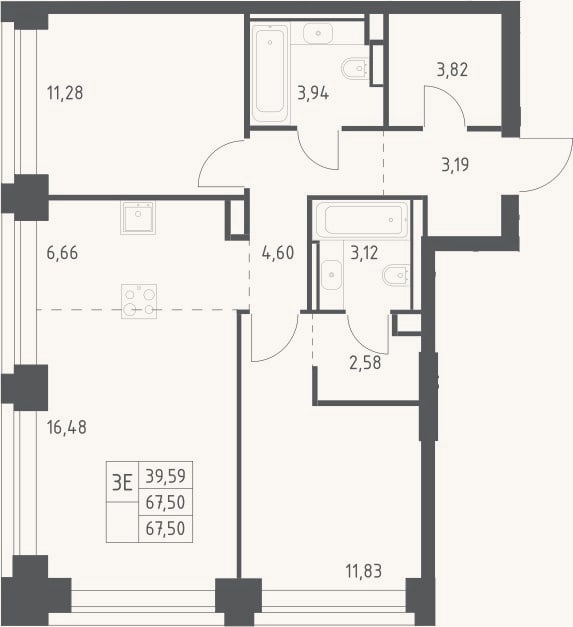 Планировка: 3-к, 67,5 м²