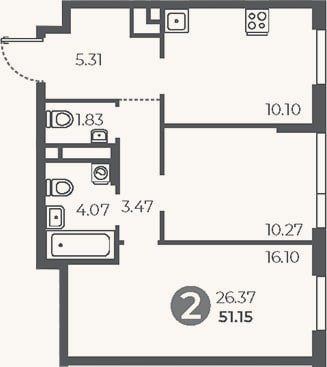 Планировка: 2-к, 51,2 м²