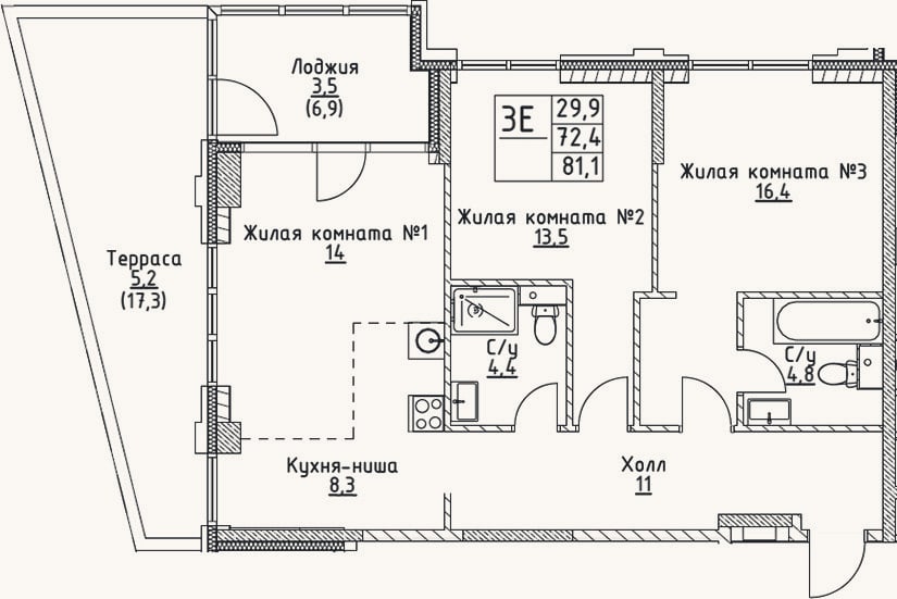 Планировка: 3-к, 72,4 м²