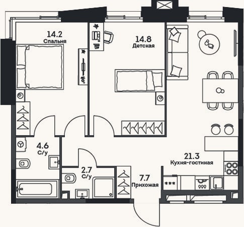 Планировка: 3-к, 65,3 м²
