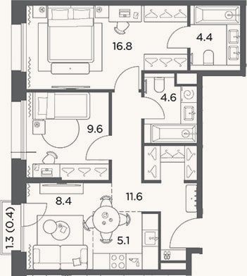 Планировка: 3-к, 60,5 м²