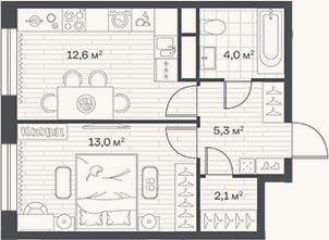 Планировка: 1-к, 37 м²