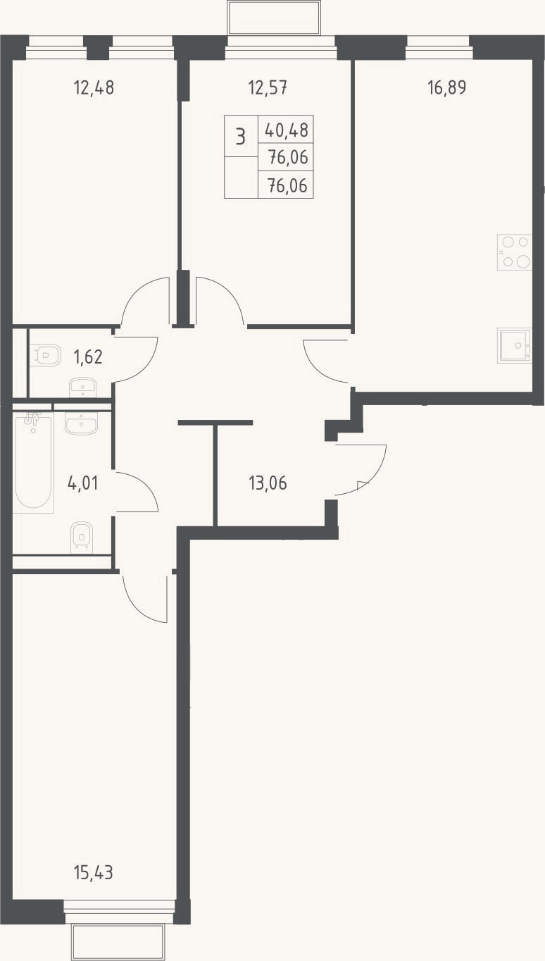 Планировка: 3-к, 76,1 м²