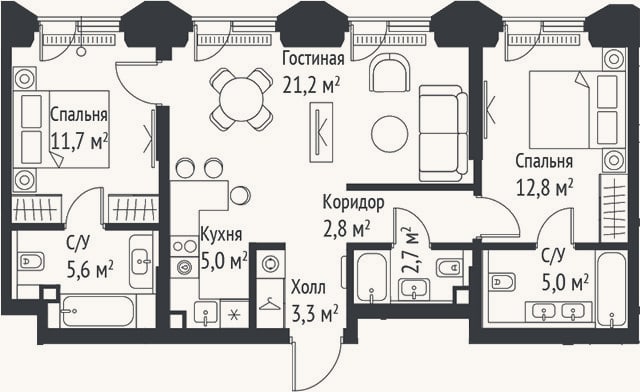 Планировка: 3-к, 69,9 м²