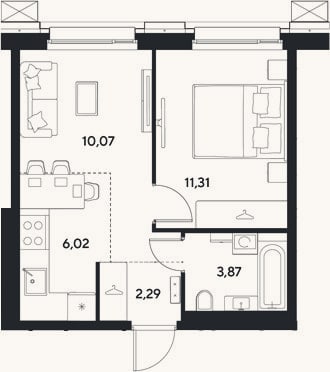 Планировка: 2-к, 33,6 м²