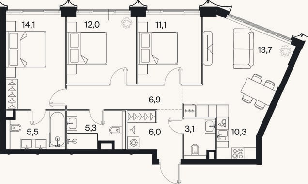 Планировка: 4+ к, 87,9 м²