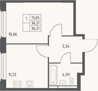 Планировка: 1-к, 36,3 м²