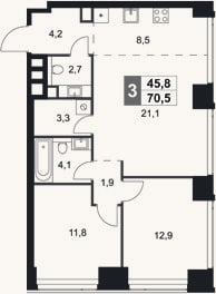 Планировка: 3-к, 70,5 м²