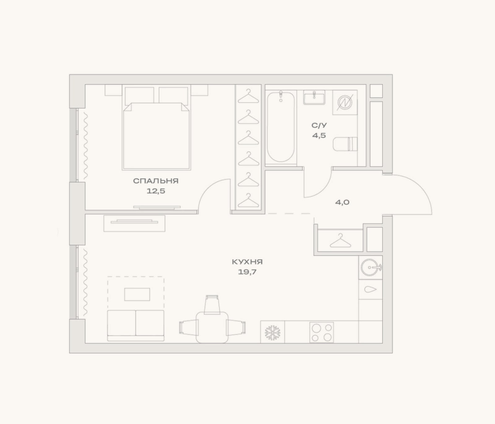 Планировка: 2-к, 40,7 м²