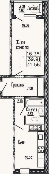 Планировка: 1-к, 41,2 м²