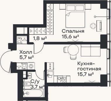 Планировка: 2-к, 42,5 м²