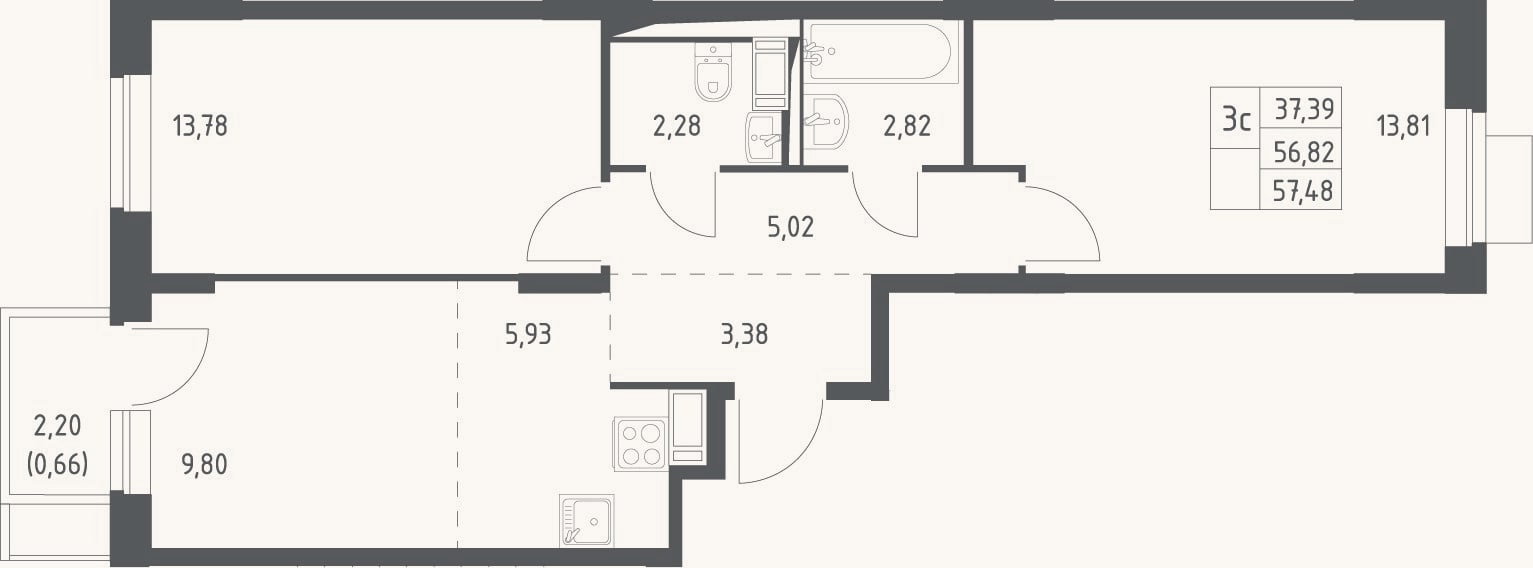 Планировка: 3-к, 56,8 м²