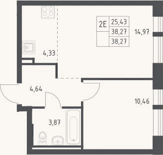 Планировка: 2-к, 38,3 м²