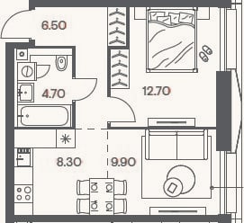 Планировка: 2-к, 42,1 м²