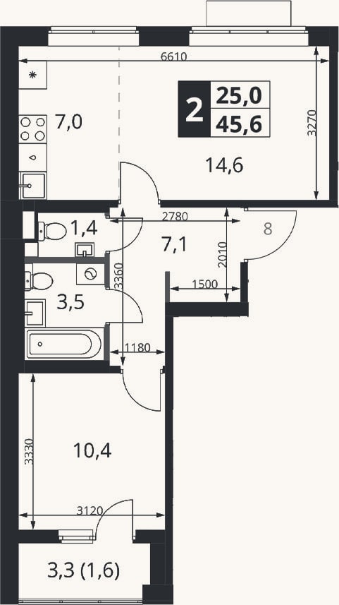 Планировка: 2-к, 44 м²