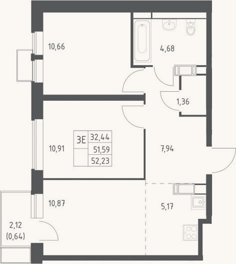 Планировка: 3-к, 51,6 м²