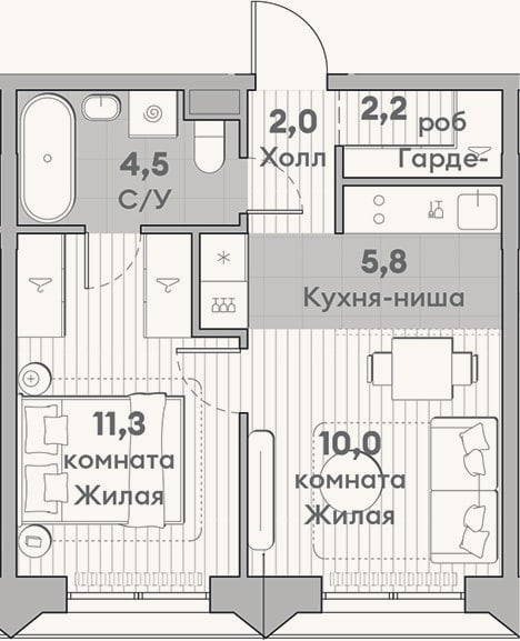 Планировка: 2-к, 35,8 м²