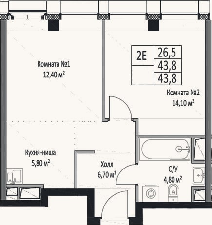 Планировка: 2-к, 43,8 м²