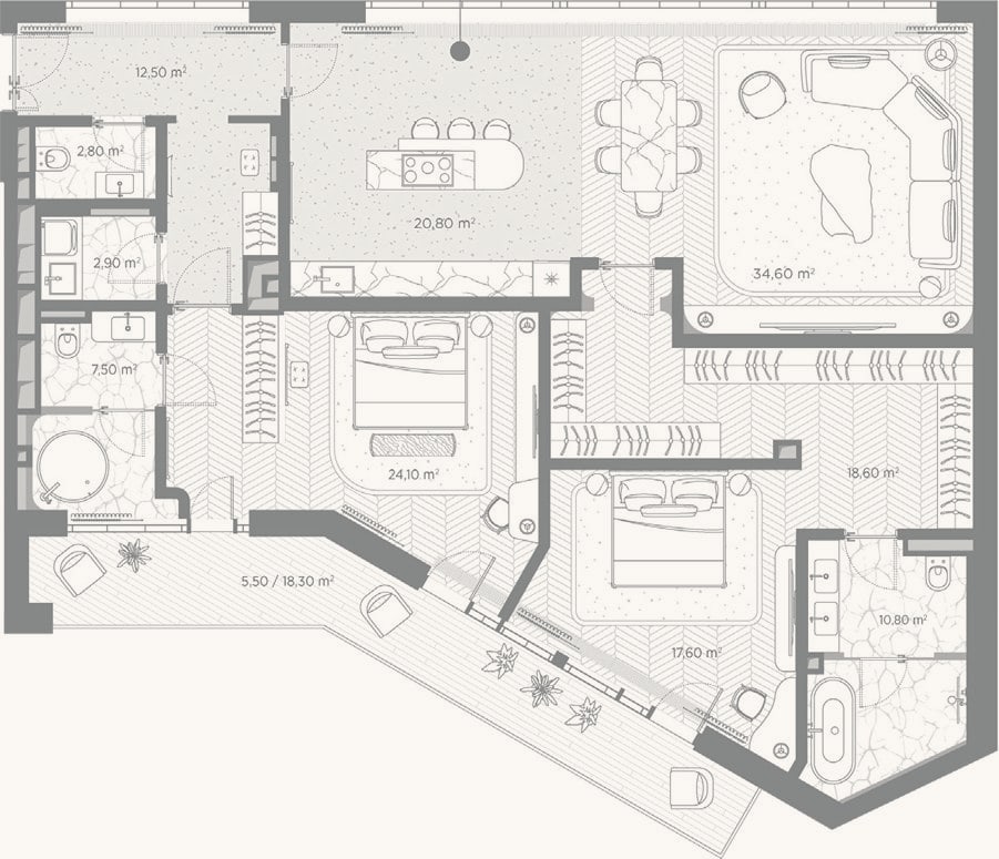 Планировка: 2-к, 152,2 м²