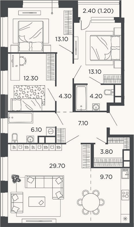 Планировка: 4+ к, 103,4 м²