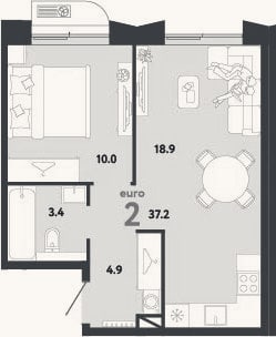Планировка: 2-к, 37,2 м²