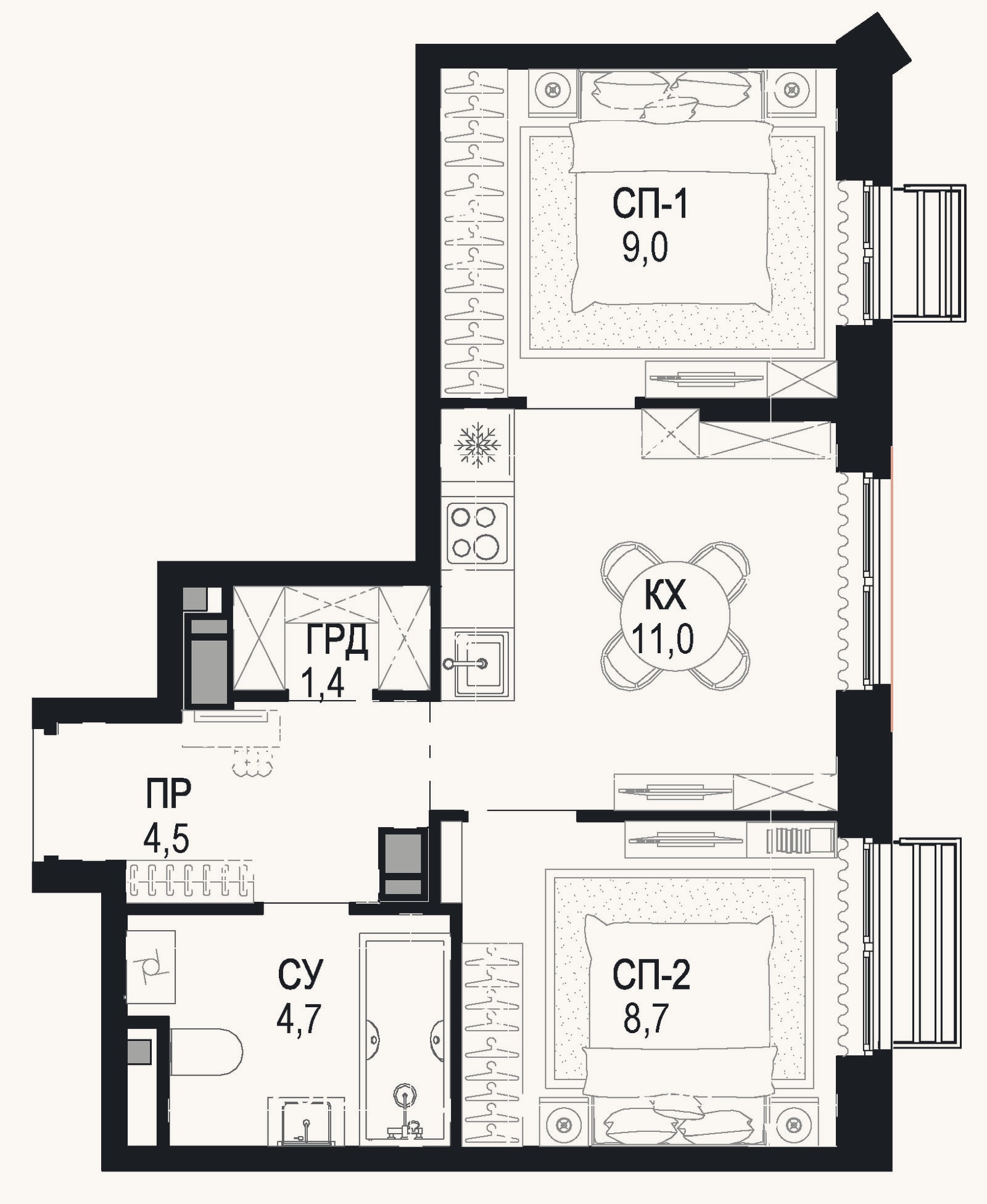 Планировка: 2-к, 39,3 м²