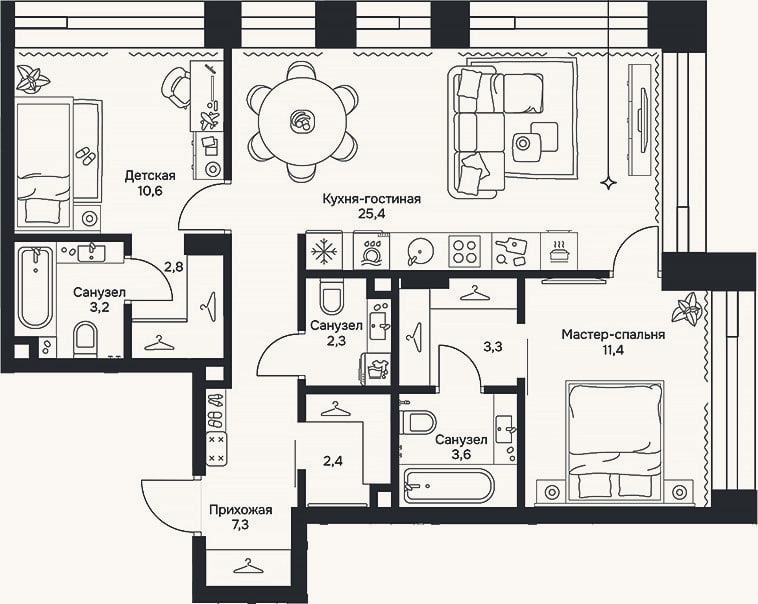 Планировка: 3-к, 72,3 м²