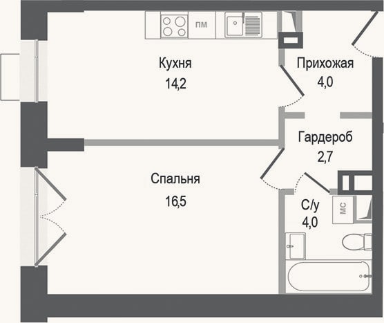 Планировка: 1-к, 41,4 м²