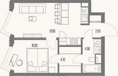 Планировка: 1-к, 41,6 м²