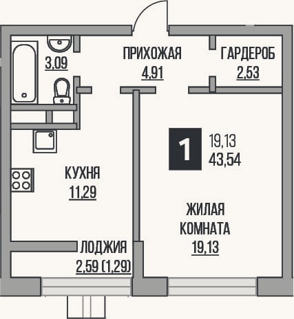 Планировка: 1-к, 41 м²